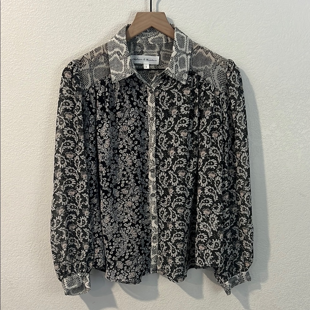 Chelsea & Theodore Black White Pink Sheer Chiffon Mixed Prints Button Down Shirt